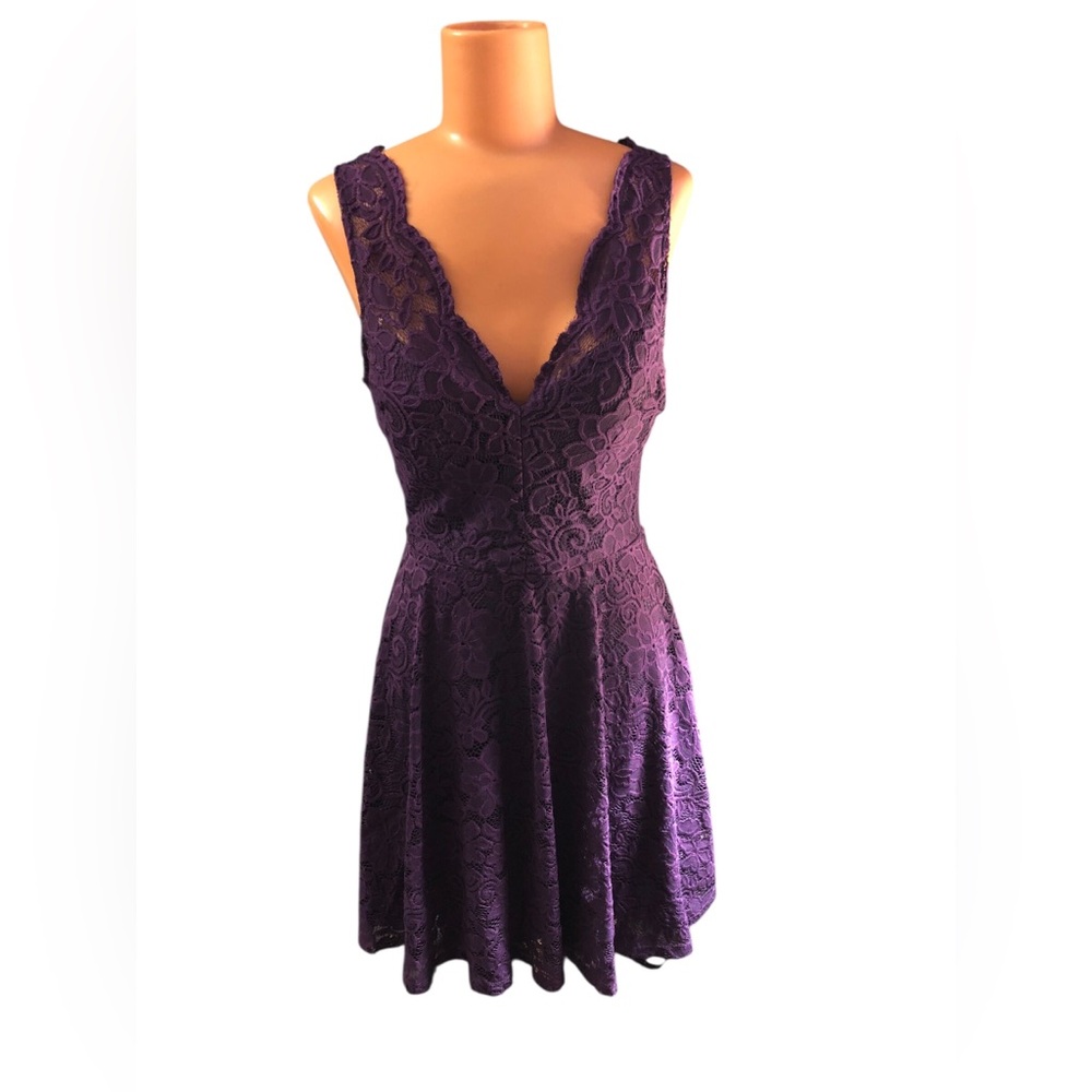 B Darlin Purple V-Neck Fit and Flare Lace Mini Dress